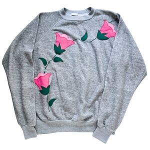 Springfoot Vintage Gray Floral Appliqué Sweatshirt Made in USA Size Large